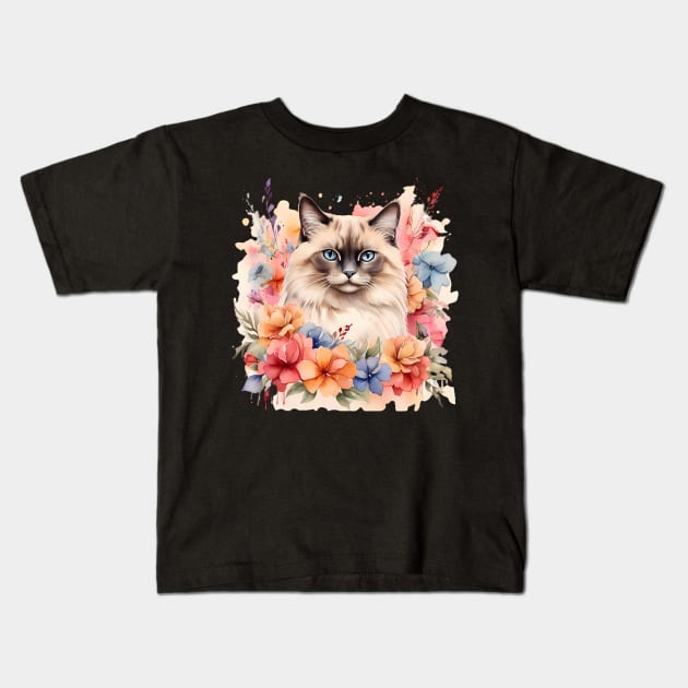A birman cat decorated with beautiful watercolor flowers Kids T-Shirt by CreativeSparkzz